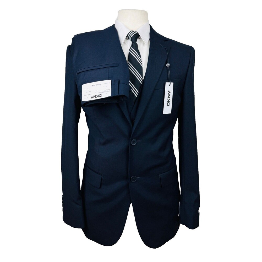 $495 NEW DKNY Mens 38R Solid Navy 3 Piece Suit With Vest & Dress Pants 31x32